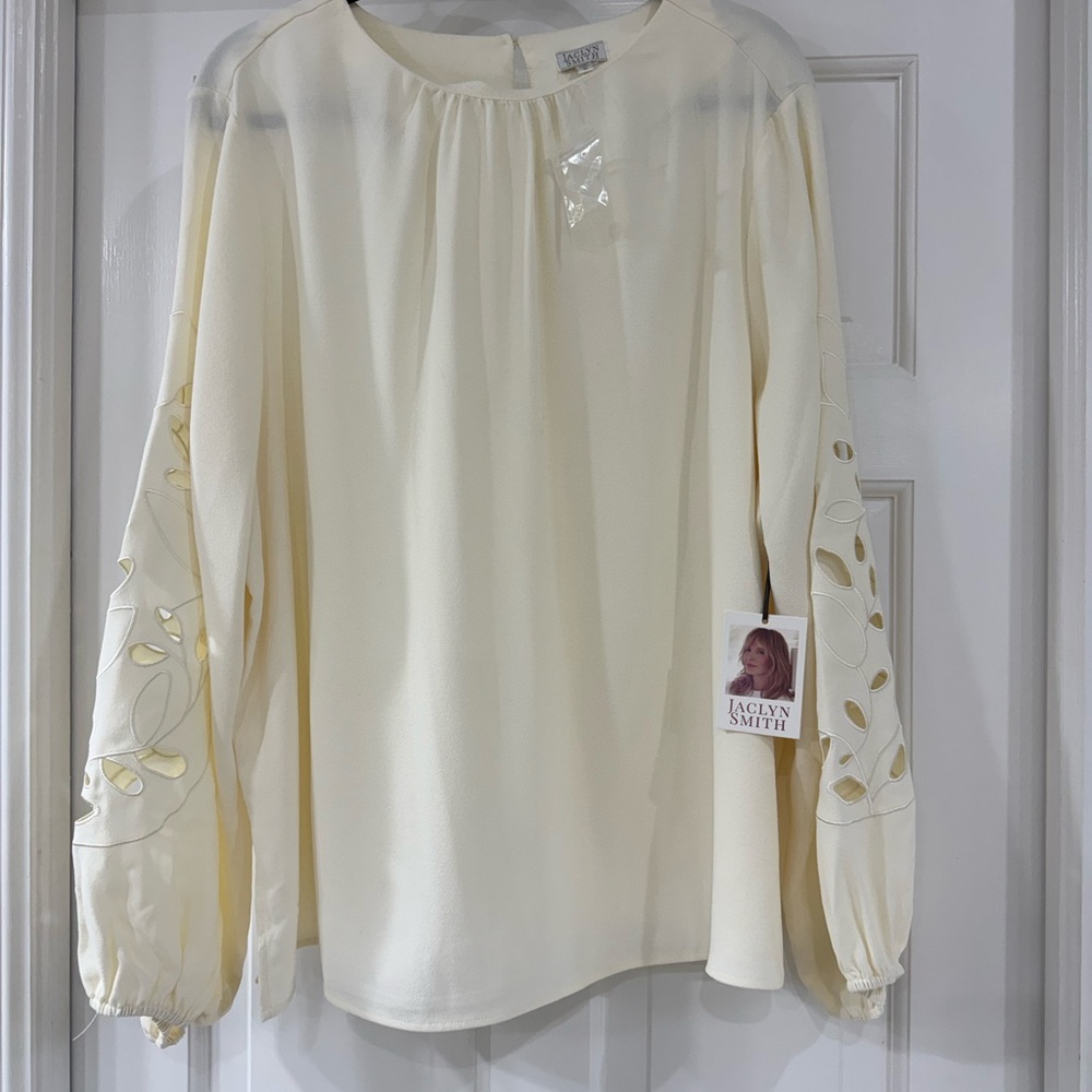 Jaclyn Smith Ivory Blouse with Embroidered Sleeves